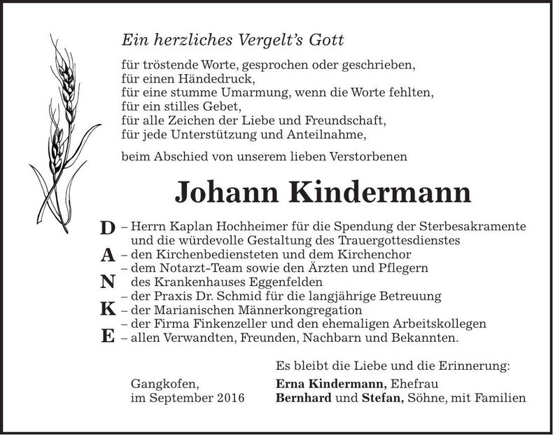 Traueranzeige Johann Kindermann