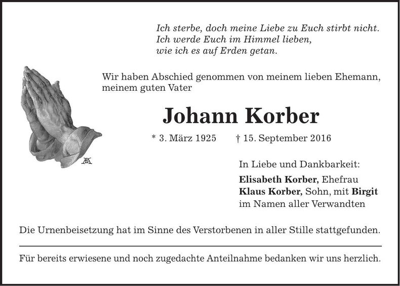 Traueranzeige Johann Korber