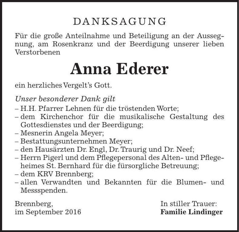 Traueranzeige Anna Ederer