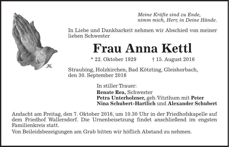 Traueranzeige Anna Kettl