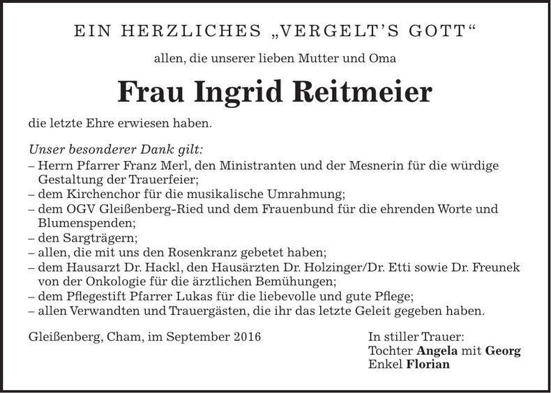 Traueranzeige Ingrid Reitmeier