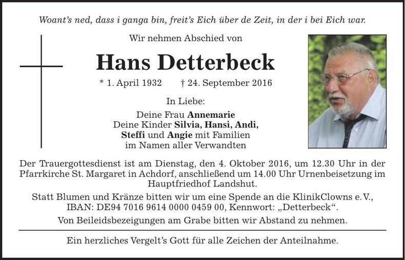 Traueranzeige Johann Detterbeck