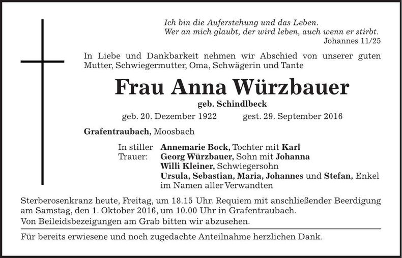 Traueranzeige Anna Würzbauer