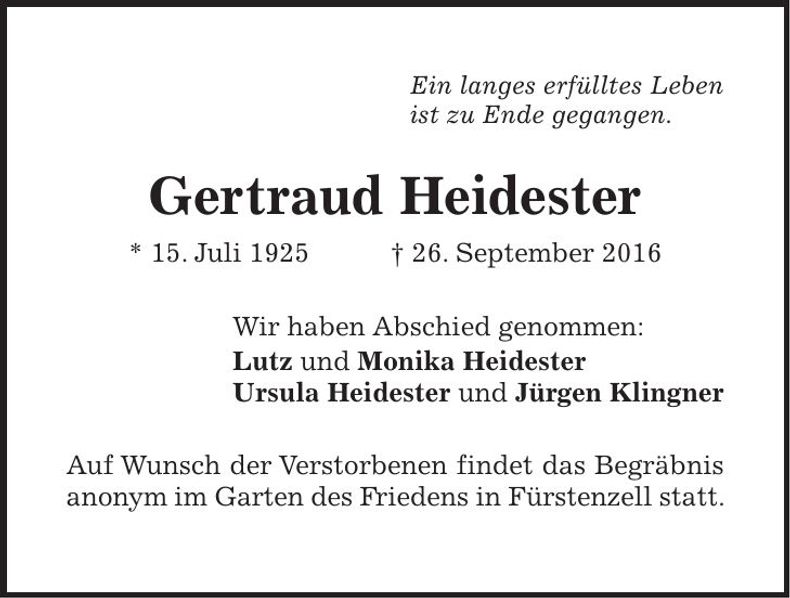 Traueranzeige Gertraud Heidester