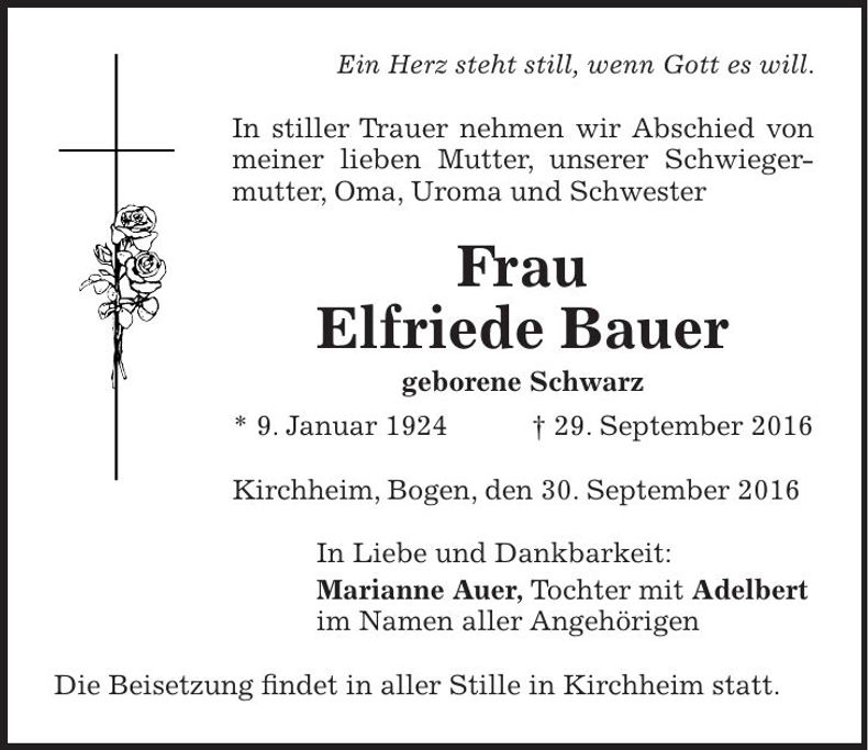 Traueranzeige Elfriede Bauer