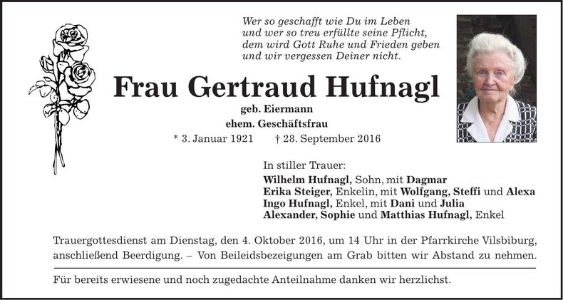 Traueranzeige Gertraud Hufnagl