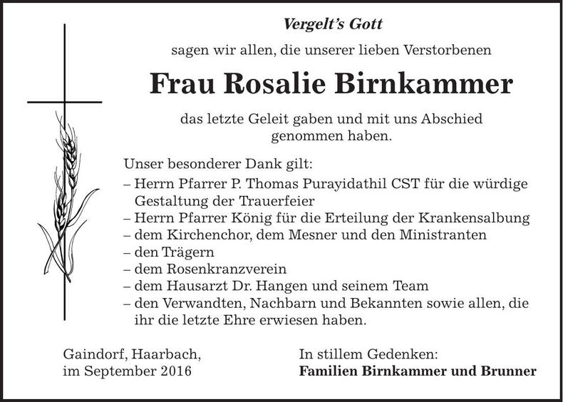 Traueranzeige Rosalie Birnkammer