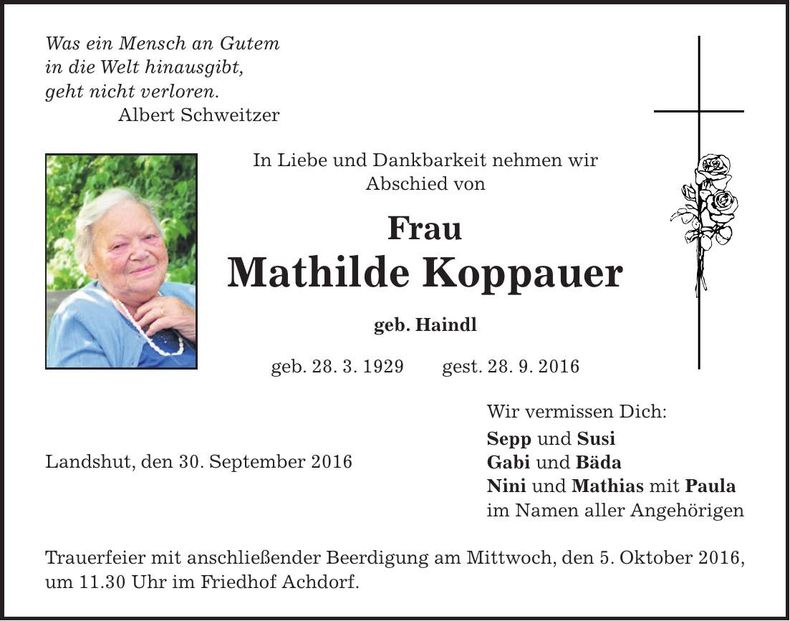 Traueranzeige Mathilde Koppauer