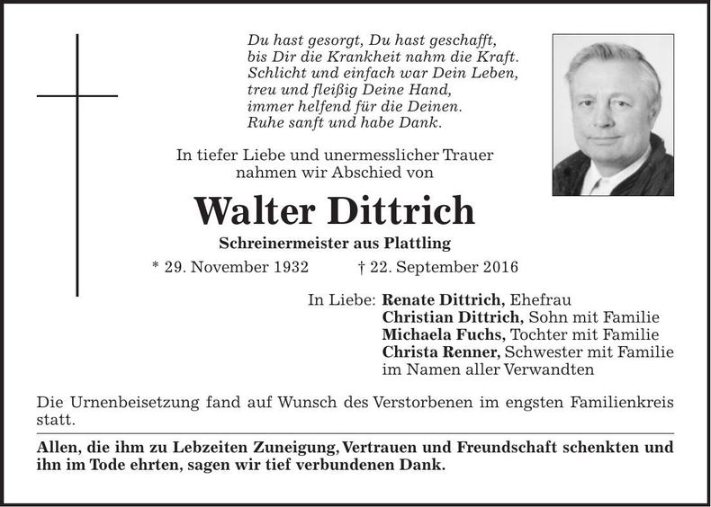 Traueranzeige Walter Dittrich