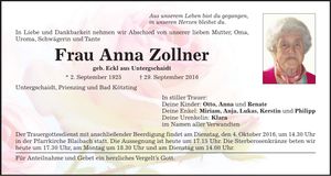 Traueranzeige Anna Zollner