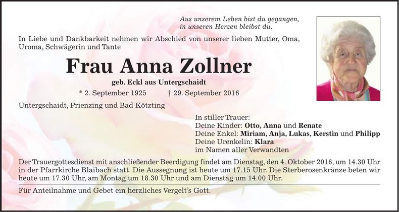 Traueranzeige Anna Zollner