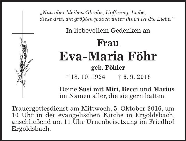 Traueranzeige Eva-Maria Föhr