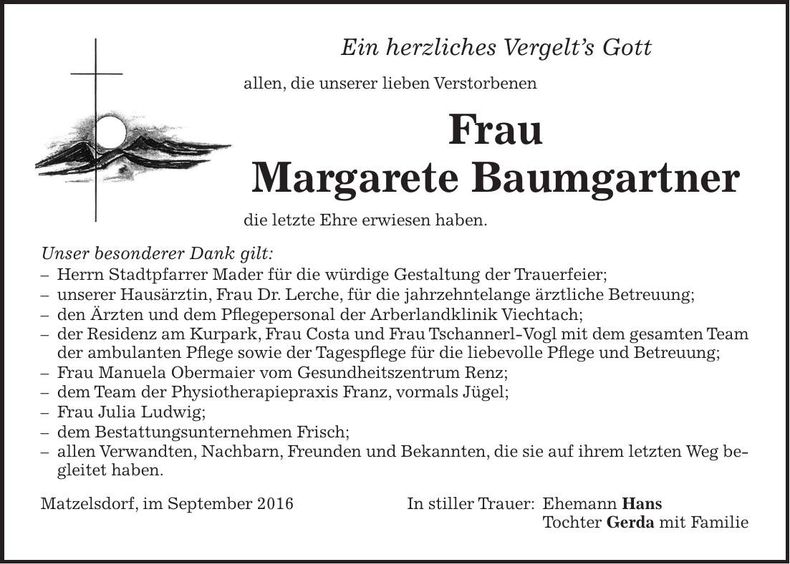 Traueranzeige Margarete Baumgartner