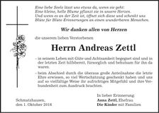Traueranzeige Andreas Zettl