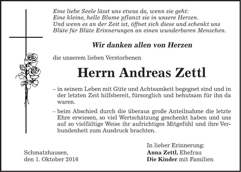 Traueranzeige Andreas Zettl