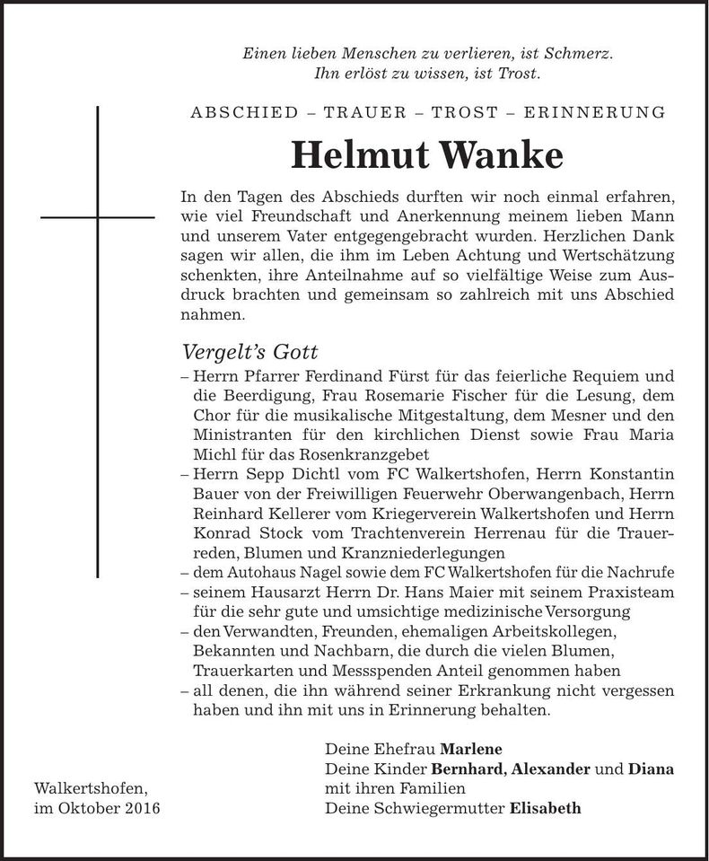 Traueranzeige Helmut Wanke