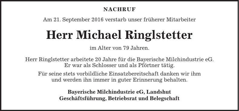 Traueranzeige Michael Ringlstetter