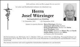 Traueranzeige Josef Würzinger