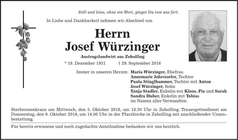 Traueranzeige Josef Würzinger