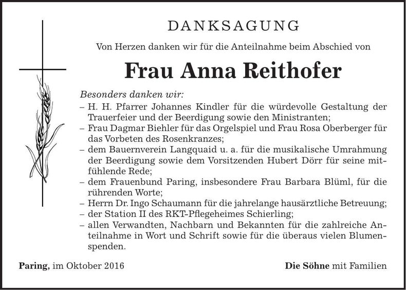 Traueranzeige Anna Reithofer