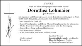 Traueranzeige Dorothea Lohmaier