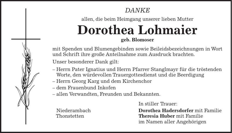 Traueranzeige Dorothea Lohmaier