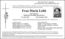 Traueranzeige Maria Leibl