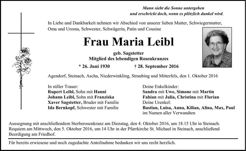 Traueranzeige Maria Leibl