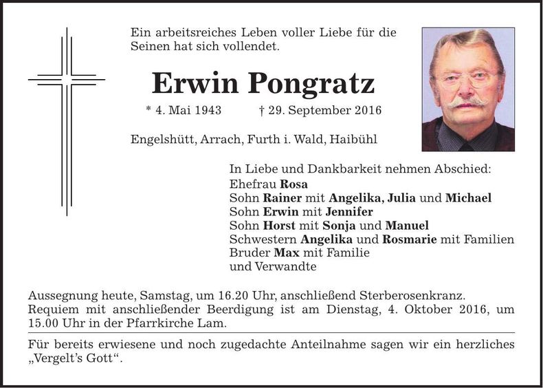 Traueranzeige Erwin Pongratz