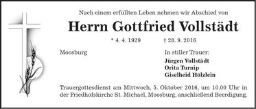 Traueranzeige Gottfried Vollstädt