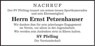 Traueranzeige Ernst Petzenhauser