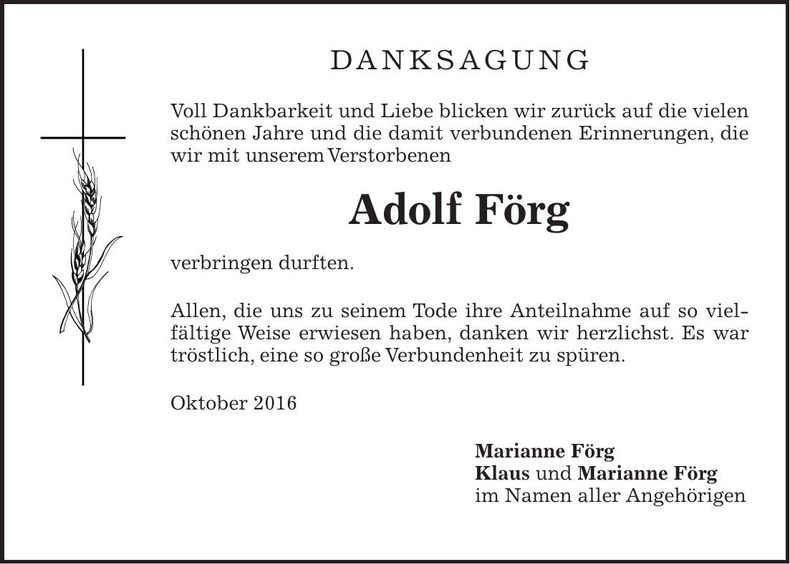 Traueranzeige Adolf Förg