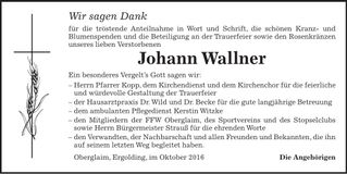 Traueranzeige Johann Wallner