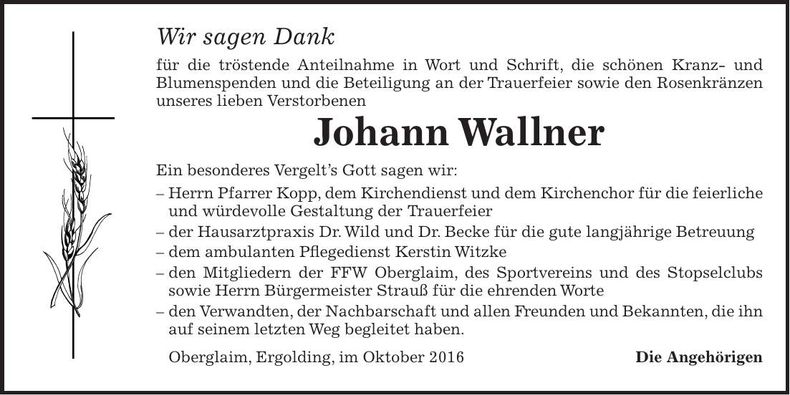 Traueranzeige Johann Wallner