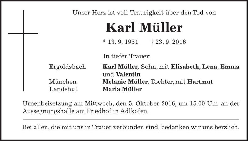 Traueranzeige Karl Müller