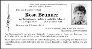 Traueranzeige Rosa Brunner