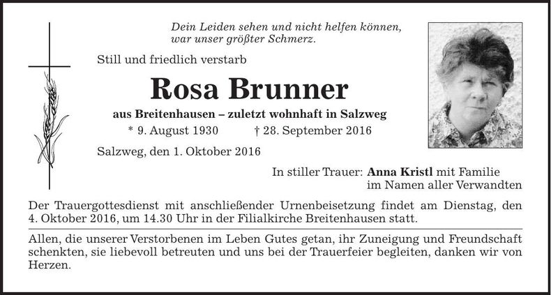 Traueranzeige Rosa Brunner