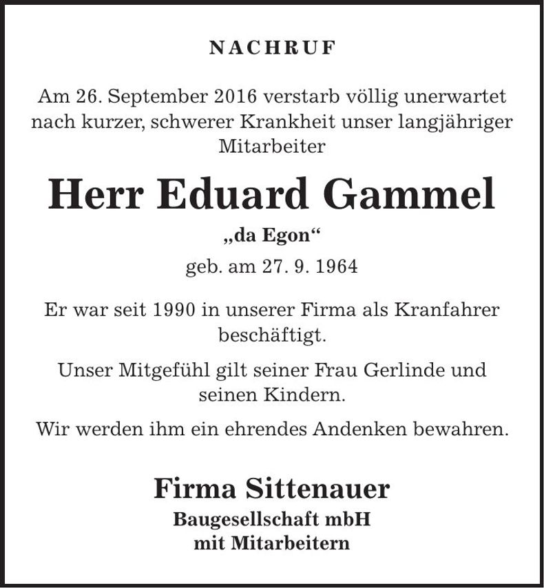 Traueranzeige Eduard Gammel