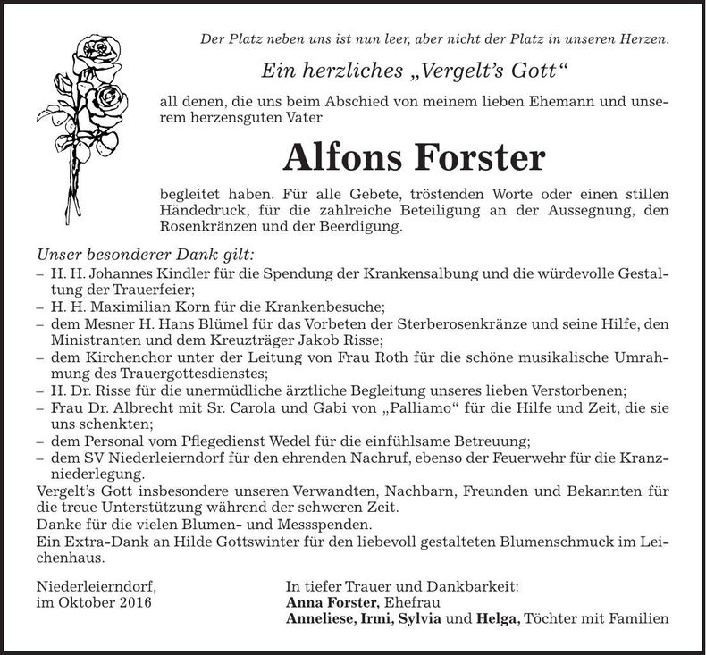 Traueranzeige Alfons Forster