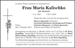 Traueranzeige Maria Kalischko