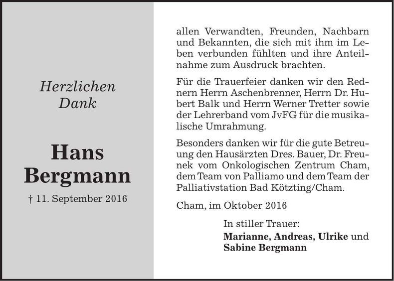 Traueranzeige Hans Bergmann