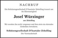 Traueranzeige Josef Würzinger