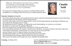 Traueranzeige Claudia Seidl