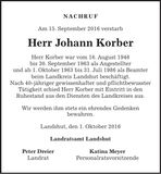 Traueranzeige Johann Korber