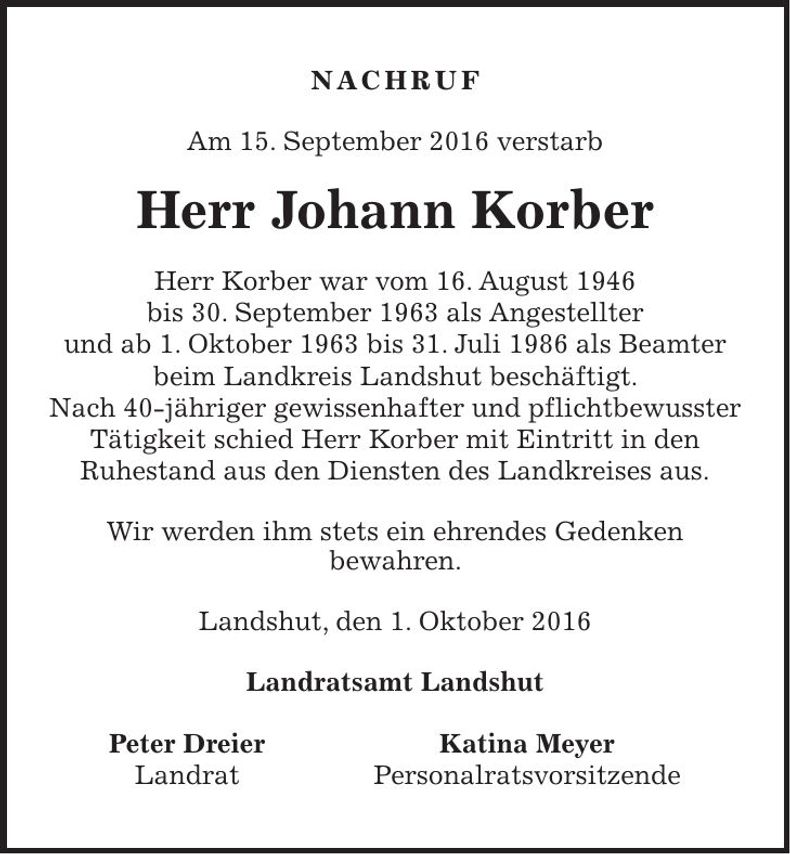 Traueranzeige Johann Korber