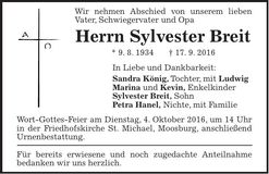 Traueranzeige Sylvester Breit
