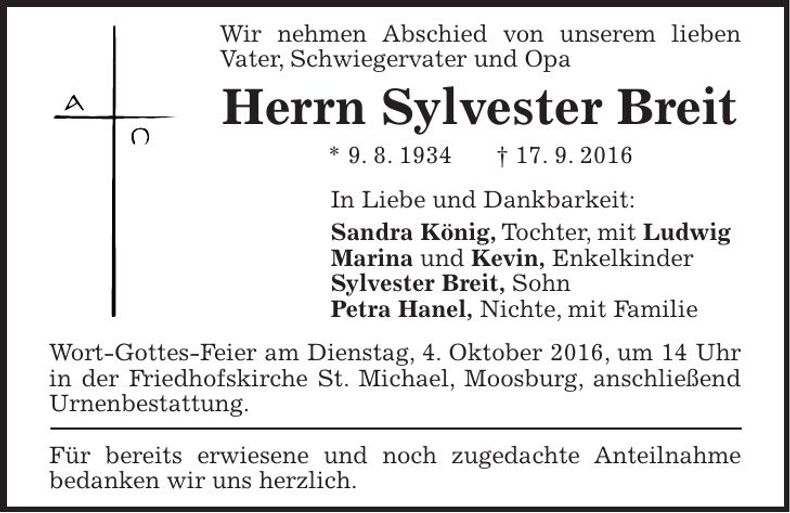 Traueranzeige Sylvester Breit
