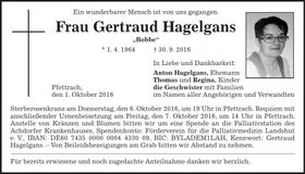 Traueranzeige Gertraud Hagelgans