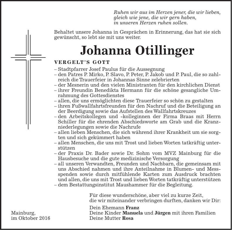 Traueranzeige Johanna Ottilinger