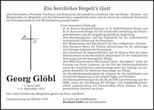 Traueranzeige Georg Glöbl